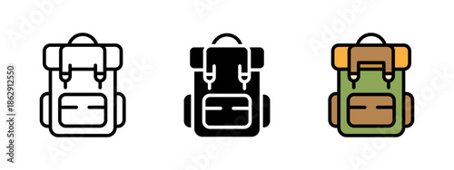 Backpack icon. Hiking and camping backpack illustration for outdoor travel and trekking concepts. Rucksack pictogram in outline, solid and colored styles, isolated on white background.