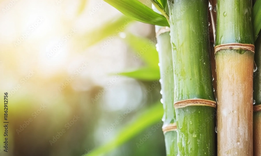Fototapeta premium Close up of bamboo stalks with water droplets in natural sunlight environment