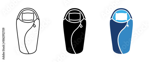 Sleeping bag icon. Camping and outdoor sleeping bag symbol for hiking and travel. Mummy sleeping bag illustration for tourism, adventure, and survival concepts.