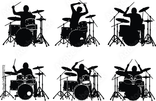 “Drummer Silhouette Set – Rock, Jazz, Live Performance Poses”