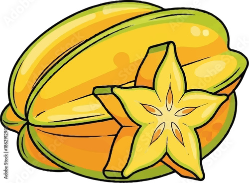 A whole and sliced starfruit, rendered in a cartoonish style with bright yellow and orange hues