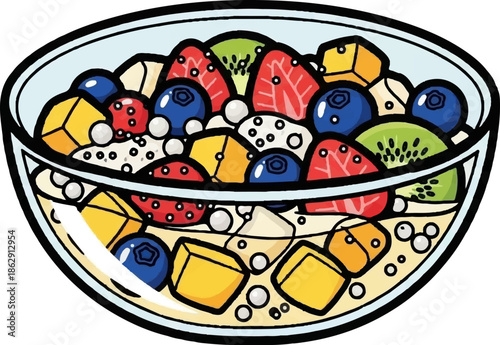 A vibrant illustration of a glass bowl overflowing with a colorful assortment of fresh fruit pieces