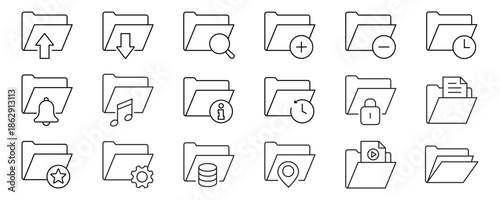 Open and closed folders icon set with documents, office data directory, file folder symbols, flat vector illustration for web design, app UI, document management system, archive, storage and more.