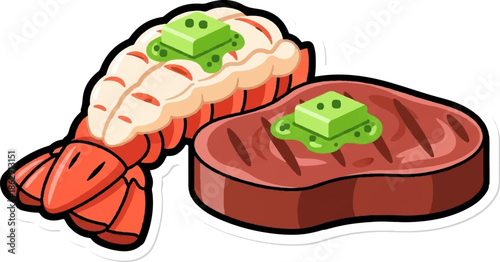 A vibrant illustration of a plump, cooked shrimp tail and a juicy grilled steak, both topped with melting green butter