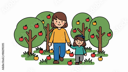 A woman and a child holding hands, walking through an apple orchard with ripe fruit