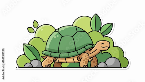 A smiling cartoon turtle peeks out from behind lush green foliage and rocks