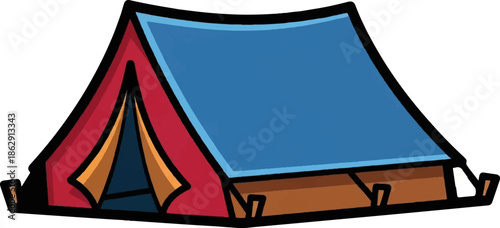 A vibrant cartoon camping tent featuring a blue roof, red sides, and a brown base, set on a white background