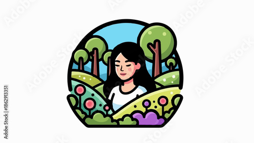 A woman finds peace amidst a whimsical, colorful landscape of rolling hills