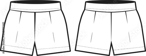 Fashion technical flat sketch of men's casual woven shorts featuring a wide waistband and front pleat details, front and back.