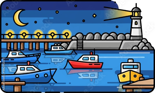 A vibrant nighttime cartoon harbor scene with multiple boats, a lit lighthouse, pier, and crescent moon
