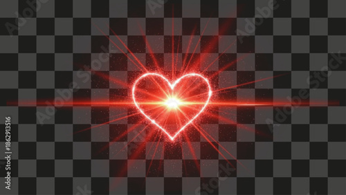 Vector illustration glowing heart shape exploding with red light particles for abstract technology branding design.