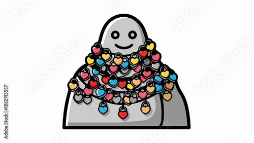 A smiling grey, abstract figure adorned with a colorful cascade of heart-shaped locks