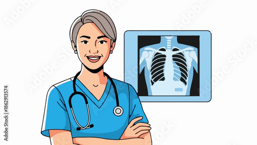 A smiling medical professional wearing scrubs and a stethoscope stands beside a chest X-ray