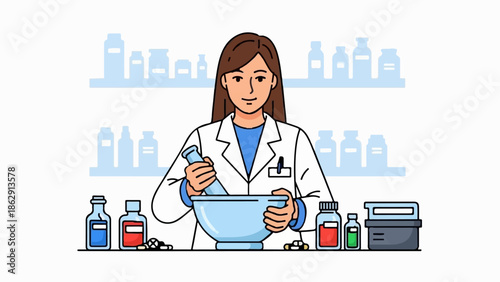 A woman in a lab coat uses a mortar and pestle behind a counter with bottles and pills