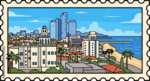 A vibrant cartoon cityscape on a sunny coast with diverse buildings, palm trees, and a beach, framed as a stamp
