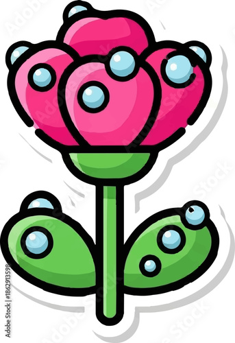 A stylized pink flower with green leaves and blue dewdrop accents