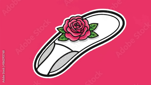 A stylized pink rose adorns a single white flip-flop on a bright pink background