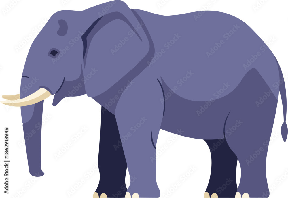 Fototapeta premium A stylized, purple elephant with tusks stands facing left on a white background