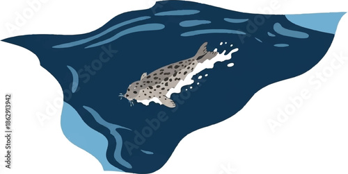 A spotted seal swims through dark blue water with white splashes