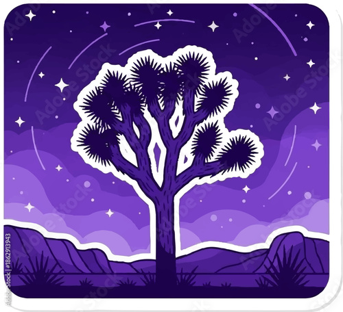 A stylized purple desert landscape at night with a silhouetted Joshua tree under a starry sky