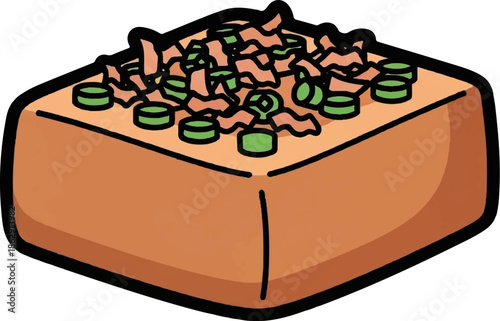 A square food item with a brown base and topped with chopped green onions and wavy brown pieces