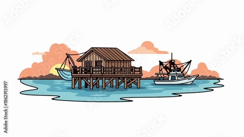 A wooden stilt house and a boat on the water under a sunset sky