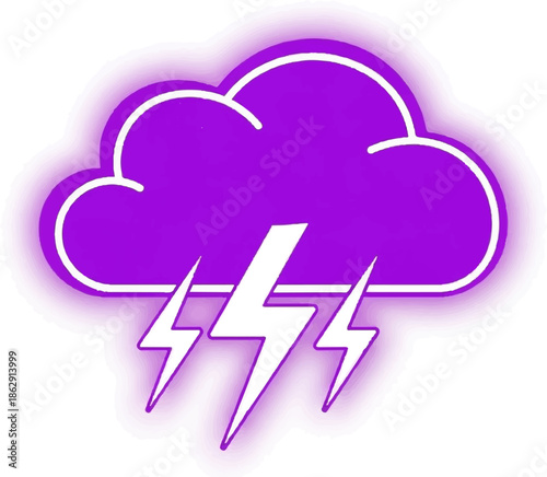 A stylized purple storm cloud with white lightning bolts emanating from it