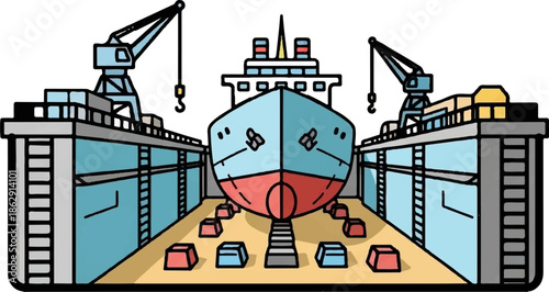 A ship undergoes repairs in a dry dock with cranes and support blocks