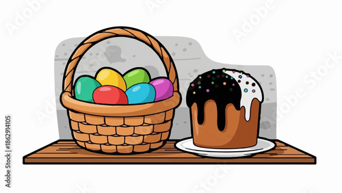 A woven basket overflows with colorful eggs next to a frosted cake