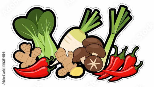 A vibrant cartoon illustration featuring various Asian-inspired ingredients like bok choy, radish, mushrooms, ginger, chili peppers, and leeks