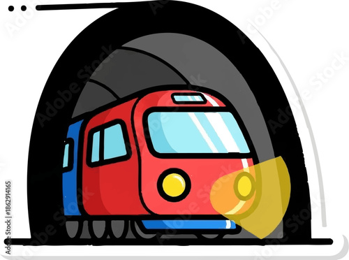 A stylized red and blue train emerges from a dark, arched tunnel