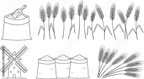 Set of wheat stalks flour sacks and windmill vector line art illustrations isolated on white.