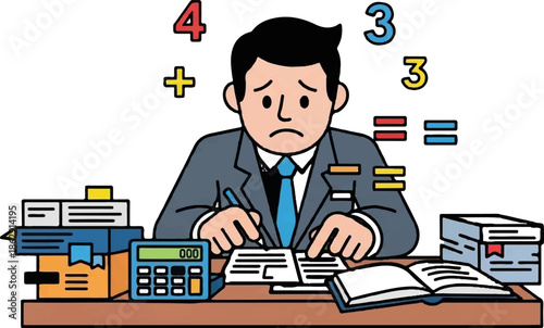 A stressed man in a suit pores over papers with a calculator and books, surrounded by floating numbers
