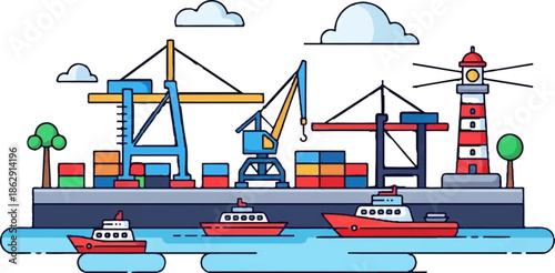 A vibrant cartoon illustration of a busy port featuring cargo ships, cranes, containers, and a lighthouse