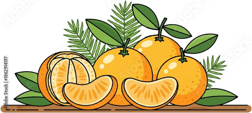 A still life illustration featuring ripe oranges and leafy green branches