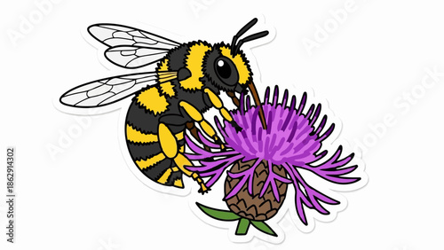 A vibrant cartoon illustration of a fuzzy yellow and black bumblebee pollinating a spiky purple flower