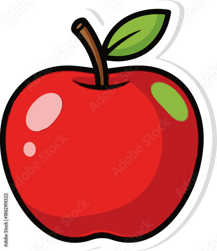 A vibrant red apple with a green leaf and stem, rendered in a cartoonish style