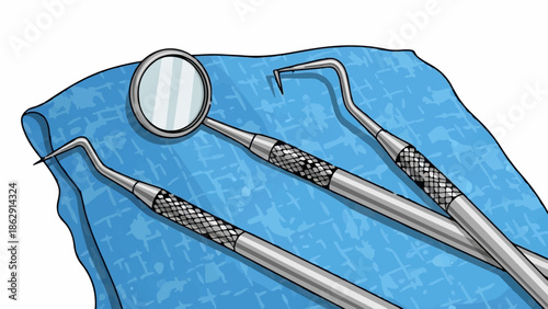 A set of dental instruments, including a mirror and explorers, rests on a blue cloth