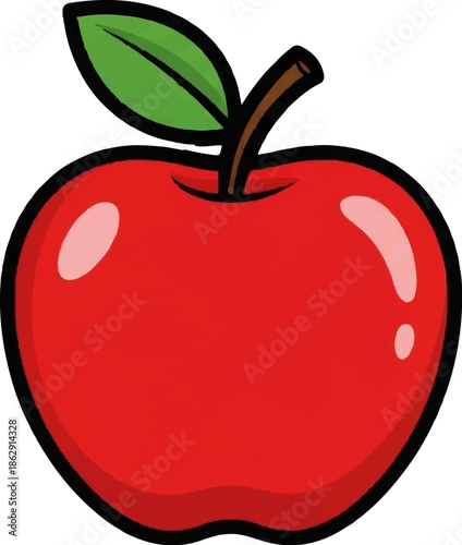 A vibrant red apple with a green leaf and brown stem, rendered in a cartoonish style