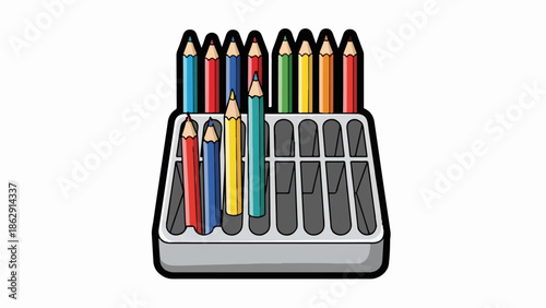 A set of colored pencils in a grey organizer tray