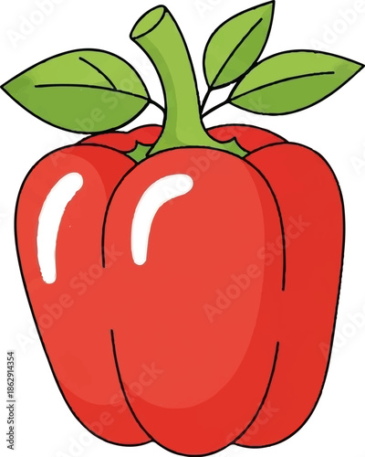 A vibrant red bell pepper with a green stem and leaves, rendered in a simple, cartoonish style on a white background