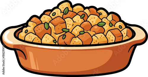 A serving dish filled with a warm, golden-brown bread pudding, garnished with green herbs