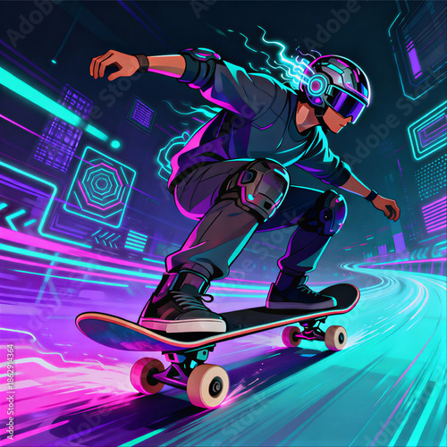 Cyber Futuristic Extreme Sport Skateboard – Neon Action Sports Vector