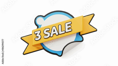 A stylized banner announces a sale with the number 3 prominently displayed on a yellow ribbon