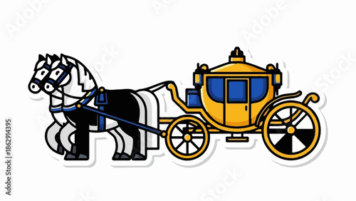 A yellow ornate carriage pulled by two black and white horses with blue harnesses