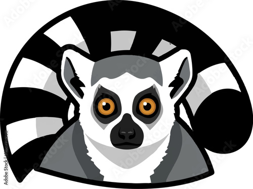A stylized ring-tailed lemur with a bold, striped tail forms a graphic emblem