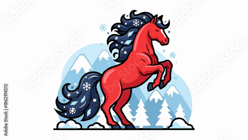 A vibrant red horse rears up amidst a serene winter landscape with snow-capped mountains