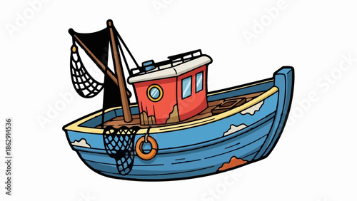 A stylized, blue and red fishing boat with nets and a life preserver, showing wear and tear