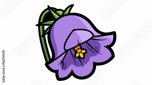 A vibrant cartoon illustration of a purple bellflower with a green stem and bright yellow stamen on white