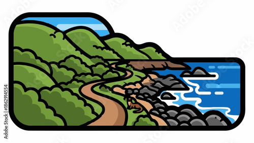 A scenic coastal path winds through green hills to a rocky shore meeting the blue sea